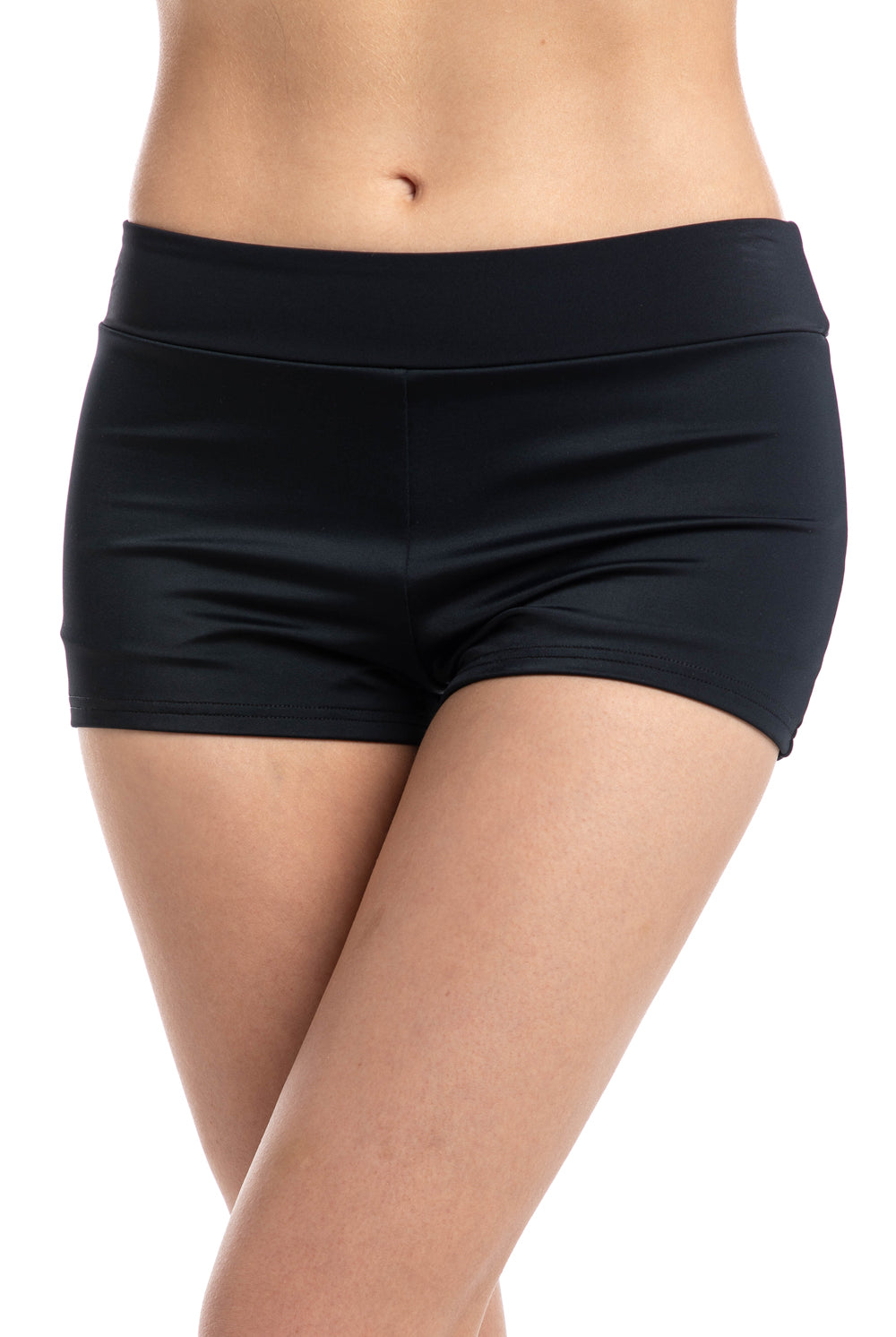 Close-up of black short boyleg swim pants
